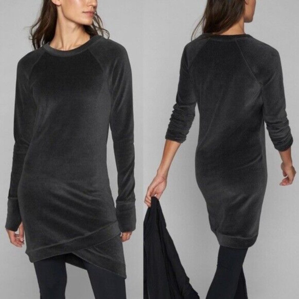 Athleta Velour Criss Cross Dress Charcoal Gray Size Small Sweatshirt Dress SZ Sm - Picture 1 of 12